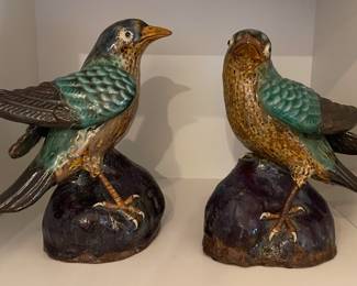 Pair of Chinese Shiwan Guangdong Pottery Birds