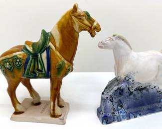 2 Horse Figurines: Chinese Tang Dynasty Majolica & Tony Bennet Ceramic With Reaction Glaze
Lot #: 106