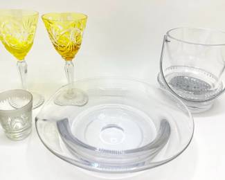 Small Kosta Crystal Ice Bucket, 2 Vintage Cut Crystal Wine Glasses, Etched Shot Glass & Hand Blown Glass Bowl
Lot #: 51