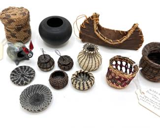 Vintage Native American & Mexican Miniature Canoe & Baskets, 2 Horse Hair, 1 With Animal & Some With Tags
Lot #: 153