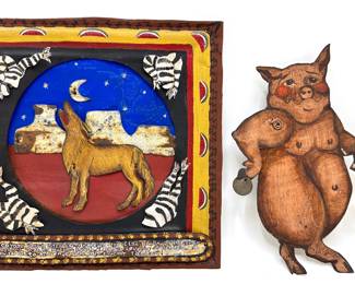 2 Paintings On Metal: Wolf With 3 Dimensional Pieces & Pig With Articulated Arm, Signed Peacock
Lot #: 81