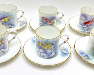 Vintage Set 6 Royal Worchester Demitasse Hand Painted Cups & Saucers With Fish & Gold Details, Appear Unused
Lot #: 8