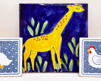 Porcelain Tiles: Hand Painted Giraffe & 1980s Farmhouse Bird Trivets
Lot #: 132