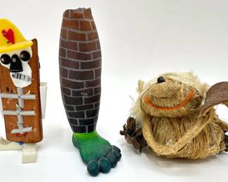 3 Whimsical Figurines: Hulk Foot With Brick Pants Vase, Assemblage Man, Signed & Coconut Husk Troll
Lot #: 156