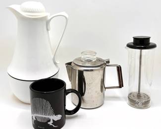 Vintage Coffee Thermos, 3 Cup Coffee Maker, Frother & Museum Of Natural History Dinosaur Mug
Lot #: 178