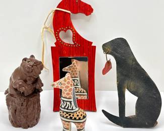 Folk Art Mirror With Horse & 3 Animal Figurines: Kenyan Stone Horse, Metal Dog & 1979 Walrus, Signed
Lot #: 164