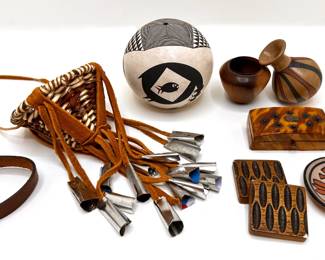 Vintage Acoma Pueblo Seed Pot, Tortoise Shell Box, Native American Basket, Wood Miniature Vases & More
Lot #: 154