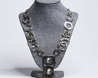 Textured Two-Tone Metal Rhinestone Pendant Statement Necklace