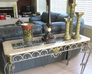 Glass & Marble Top Console Foyer/Sofa Table w/Metal Base
