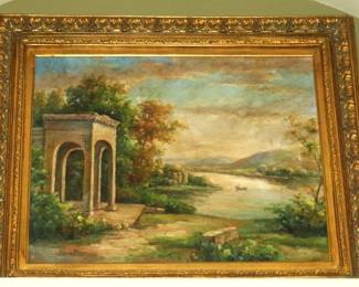 Vintage Oil on Canvas Landscape/River Scene, Gilt Wood Frame