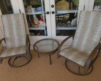 Pair Swivel Patio Chairs & End Table