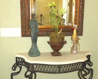 Wood Framed Glass Wall Mirror, French Style Marble Top Wrought Iron Base Foyer Table