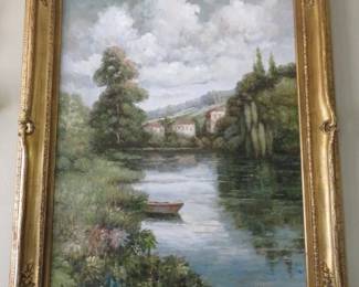 Vintage Wood Frame Large Oil on Canvas Painting, Artist Signed, Christina. J 