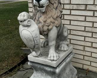 Pair of Seated Concrete Lions w/Shields on pedestal, 18"W x 52"H x 23"D, was $999, NOW $699