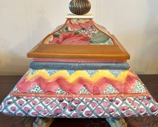 Mackenzie Childs Taylor/Keukenhof Bulbous Box w/metal feet, hand painted Majolica ceramic in Keukenhof pattern, 13" x 13" x 14"H, was $499, NOW $399