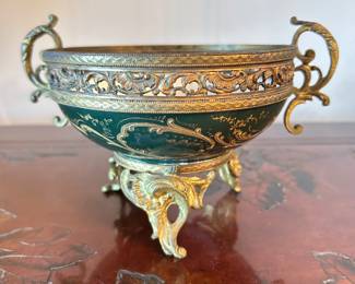 Vintage Crackle Porcelain Pedestal Bowl Filigree Gold Accents, 5.5"W x 4"H, was $35, NOW $25