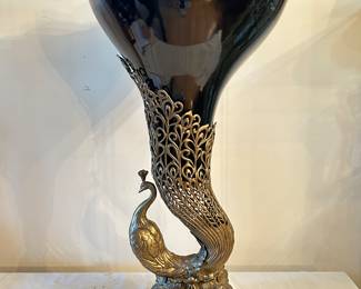 Additional view of Peacock statue ceramic porcelain/brass vase ~