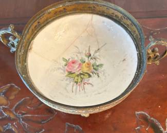 Additional view of Vintage Crackle Porcelain Pedestal Bowl Filigree Gold Accents,