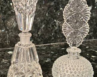 Vtg ornate heavy cut crystal perfume bottle, was $34, NOW $28. Hobnail perfume bottle, was $20, NOW $14.
