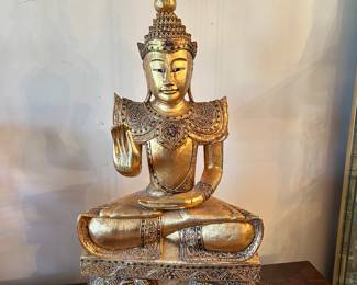 Large wooden Burmese Buddha statue, gold, hand carved sculpted wood, 16"W x 38"H x 9"D, was $400, NOW $275
