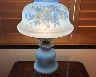 Lighted view of Vintage Satin Blue Hurricane Quoizel Table Lamp~