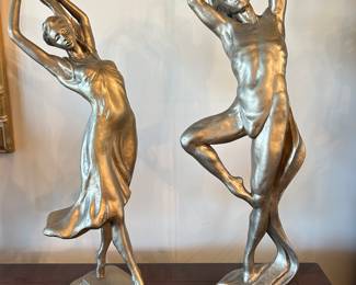 Art Nouveau figure of ballet dancers, male and female, with raised arms, on a stepped base marked Austin Prod Inc, 23"H, was $58 each, NOW $48 each