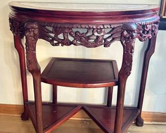 Vintage Demilune Rosewood Bird & Cherry Blossom, dragon carved Console table, three lower shelves and claw feet. 33"W x 32"H x 16"D, was $379, NOW $315