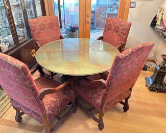 Beautiful eglomise(gold/light red) aged round pedestal dining table with 4 arm chairs, was $3600, NOW $2900