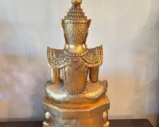 View of back of Large wooden Burmese Buddha statue Buddha gold, hand carved sculpted wood~