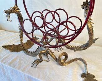 Closeup view of Brass Dragon Wine Bottle holder ~