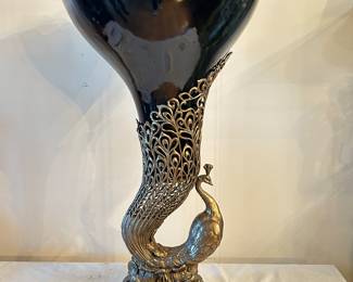 Peacock statue porcelain/brass vase, 27"H x 8"W x 15"D bowl, was $1200, NOW $600