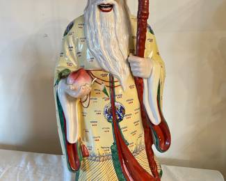 Vtg Chinese hand painted porcelain long life statue, (small chip by right hand on apple) 26"H, was $165, NOW $85