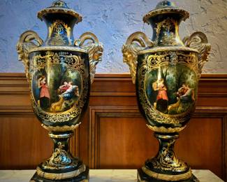 Pair Antique Hand-Painted Carved Wooden Urns $1,195 or bid #102