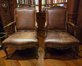 Pair Embossed Leather Vintage Arm Chairs $750 or bid #165