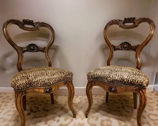 Pair Antique Balloon-Back Chairs with Leopard hair-on-hide bid #96