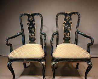 Pair Black Lacquered Hand-Painted Chinoisserie Arm Chairs bid #143