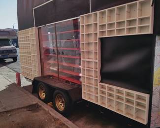 This is true story trailer heavy duty 10 ton electric brake system this can be used as a office showroom showcase store we use them for our estate sale and for convention center is being custom made it is for sale we can deliver to you if you need we always ship everything we also have a truck to go with this Mercedes-Benz long extended cabin & high ceiling the trailer build to carry one car unfortunately the door entry door we will be not included because entry door from 17th century from incense wood cost $200 a pound and this is 500 lb baby give you one door opening so you can park the car in there or as you wish Price is includewe are asking $2, 0000 now 70% off for the trailer now