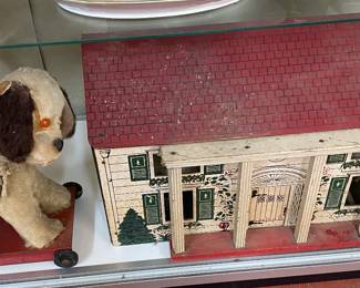 Old Wooden and Plush Dog Pull Toy, Old Colonial Doll House