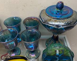 Vintage Carnival Glass Compote and Goblets