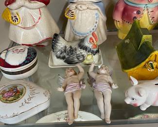 Rooster Butter Dish, Bisque Angels, Santa Trinket Box
