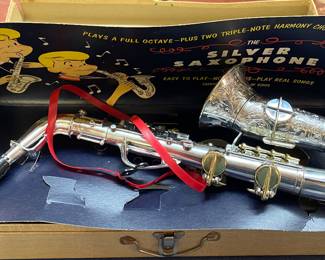 Vintage Emenee Silver Saxaphone in Box