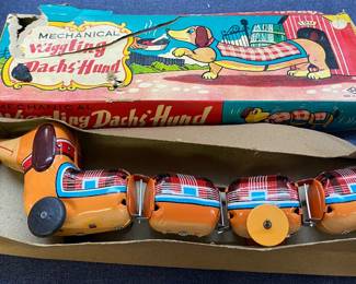 Wind-up Tin Litho Waggling Dachshund in Original Box