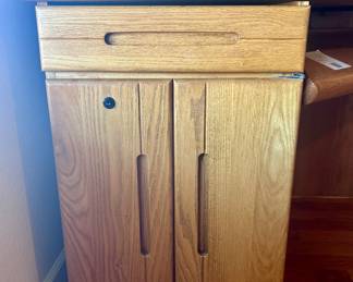 Large corner wood office workspace desk and cabinet