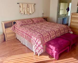 King size bed for sale with wood headboard and drawers