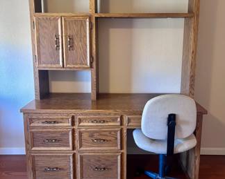 Wood office workspace desk and cabinet