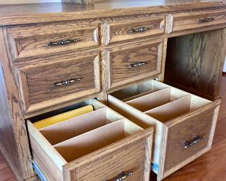 Wood office workspace desk with file cabinets