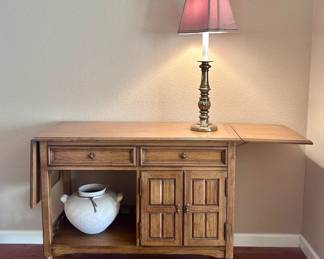 Vintage burgundy brass table lamp and vintage console table