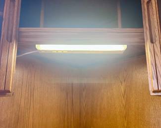 Wood office workspace desk and cabinet with light fixture