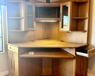 Large corner wood office workspace desk and cabinet