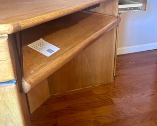 Large corner wood office workspace desk and cabinet - moving keyboard platform